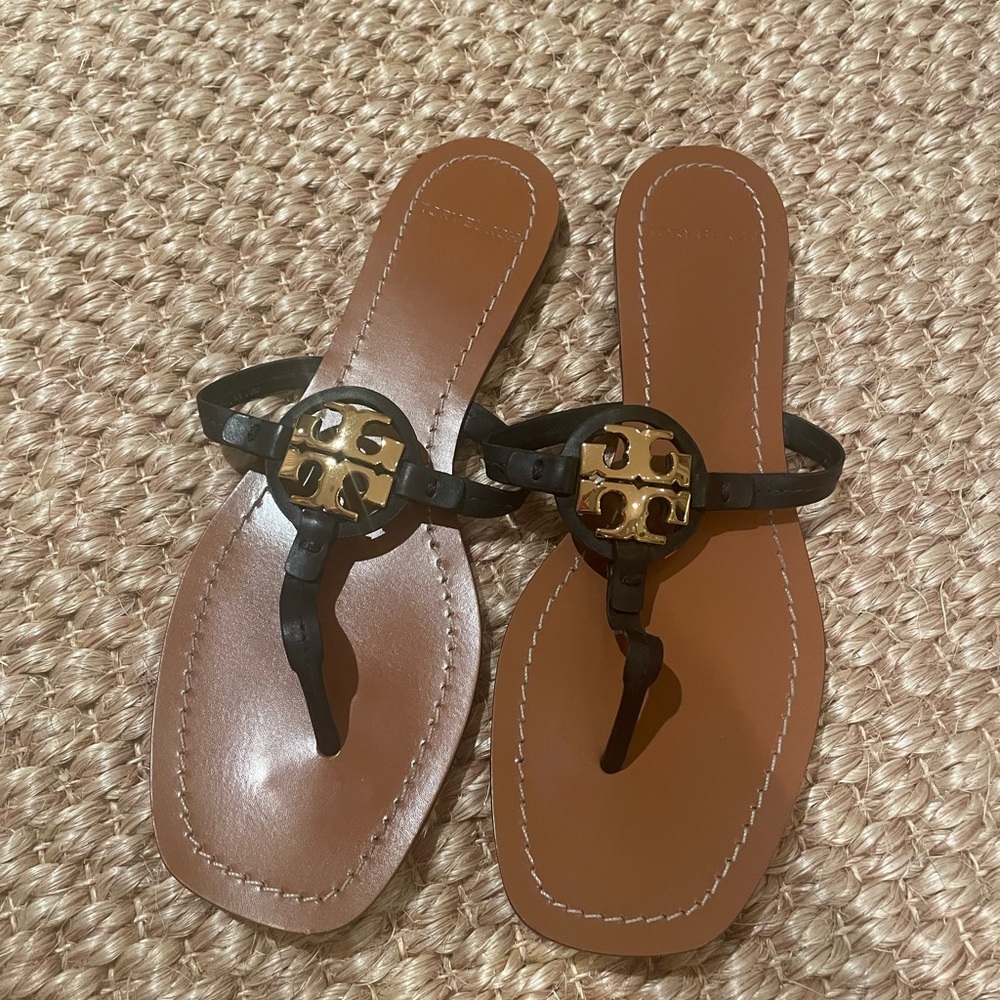 Tory Burch Brown Leather Miller Sandals with Gold Logo